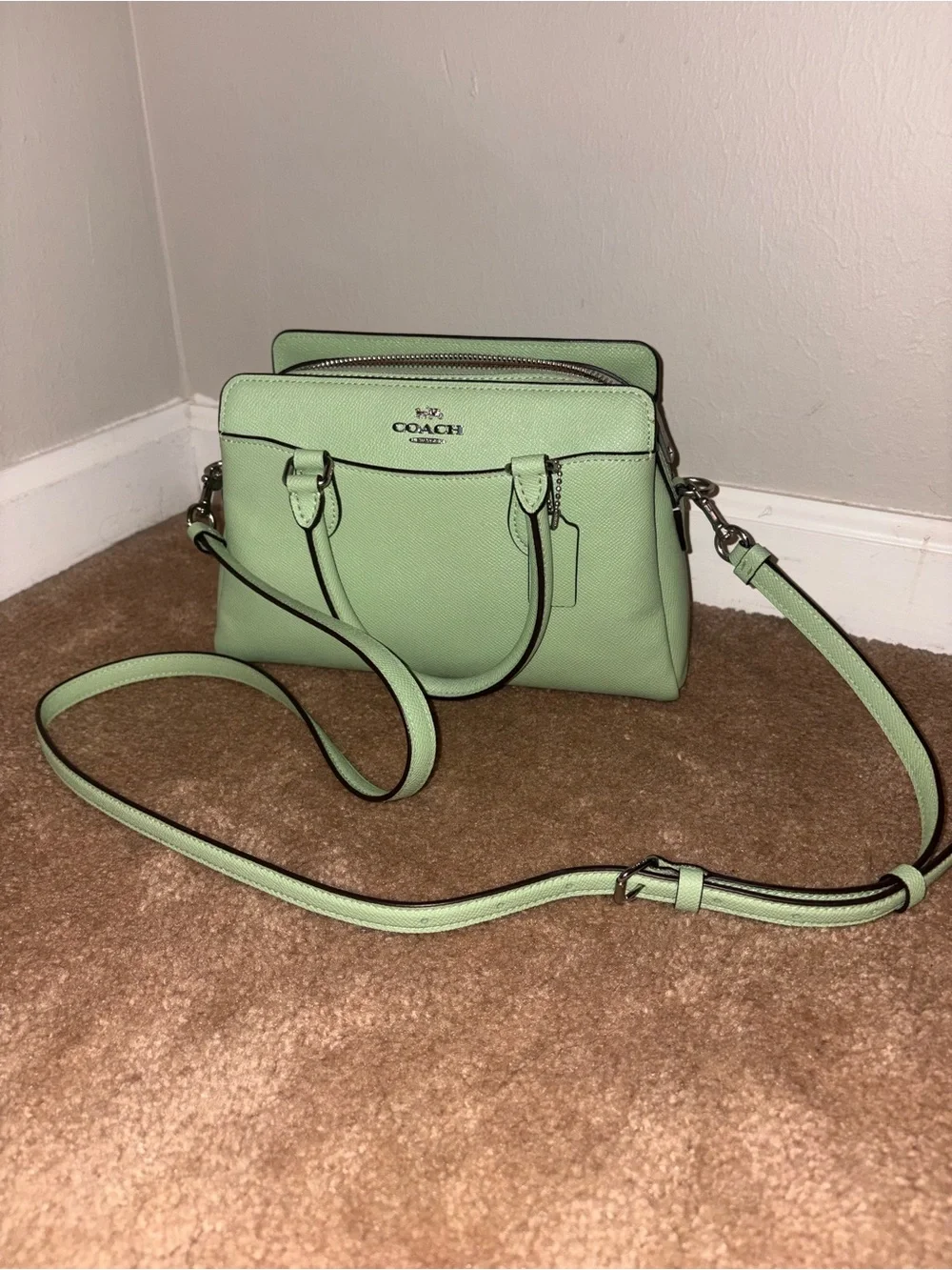 COACH Darcie Mint Green Leather Satchel with Crossbody Strap